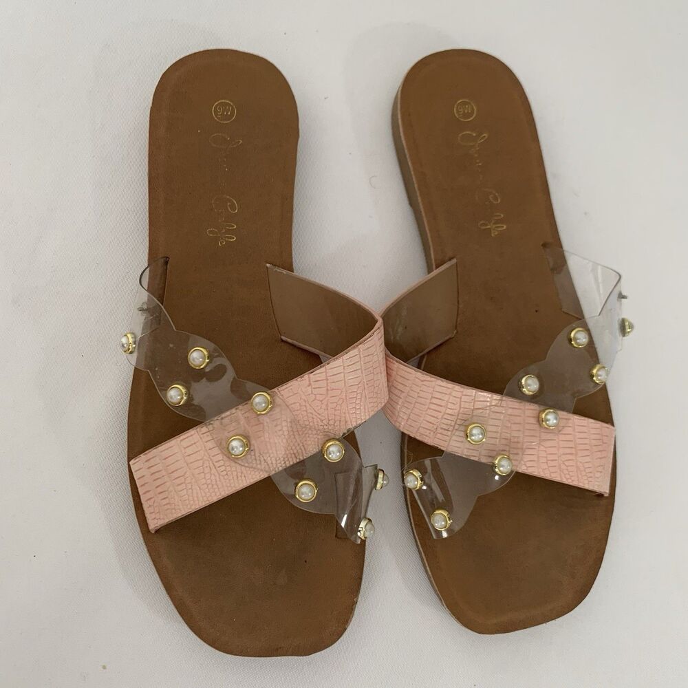 Jessica Carlyle Sandal Women 9 Pink Clear Strappy Slip On‎ Pearls Preppy Beach